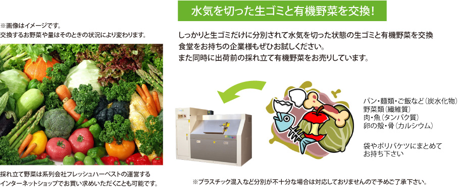 生ゴミをバイオ分解するため有機野菜と交換回収しております。